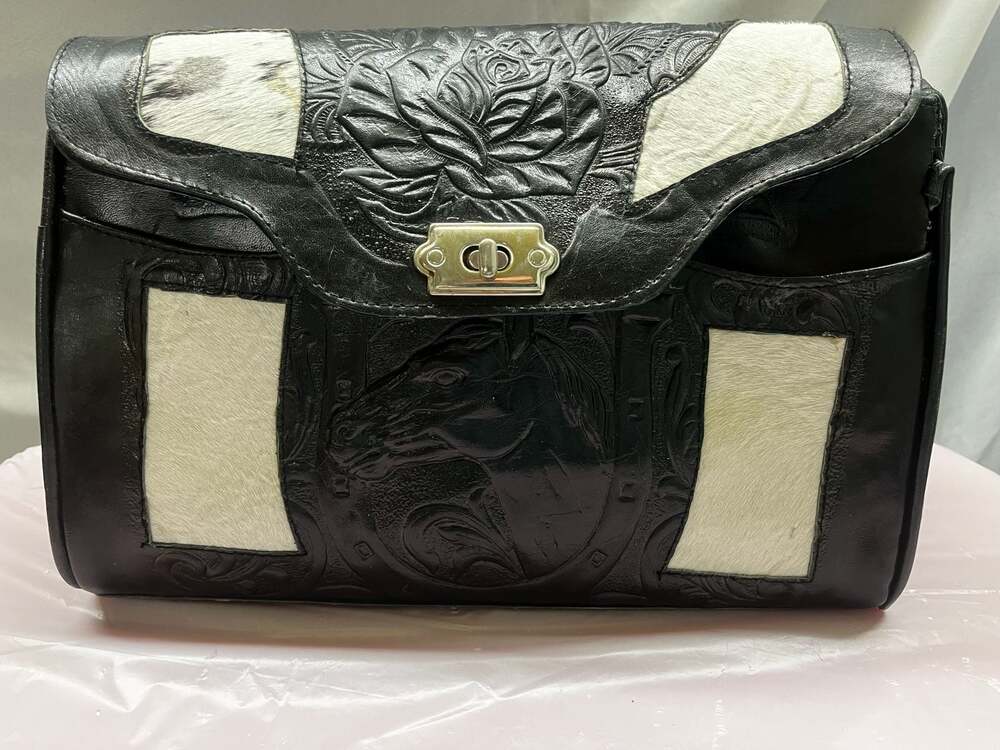 Vintage Hand Tooled Leather and Cowhide Horse Purse Made in Mexico